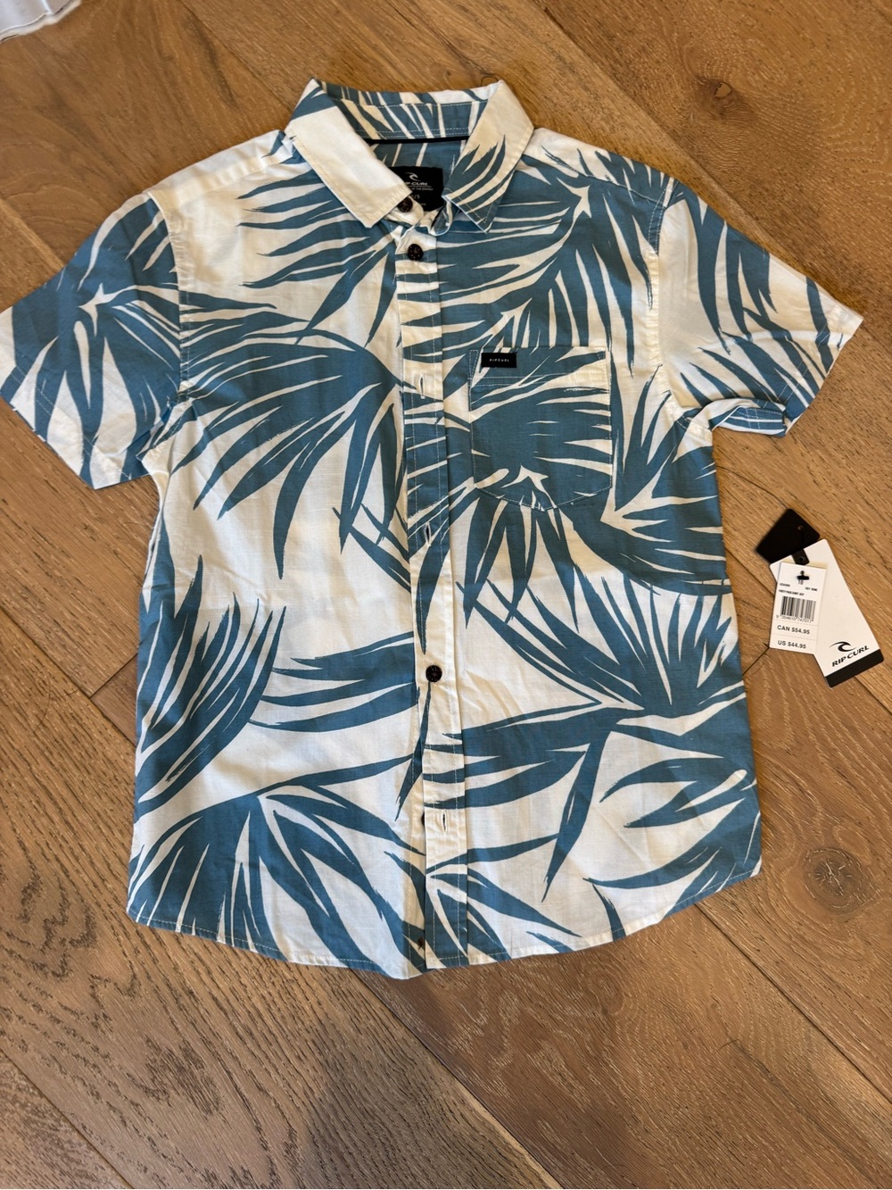 Rip Curl Teal and White Palm-Print Short Sleeve Button-Up Shirt